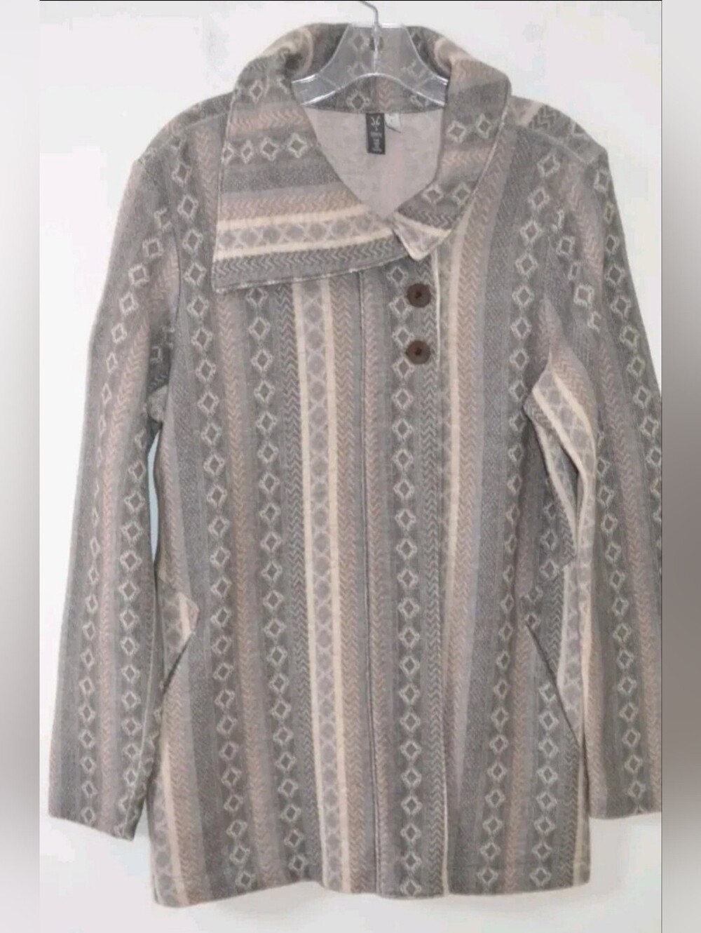 Ibex Beige/Gray Geometric Print 86% Merino Wool Button Cardigan Sweater Size S